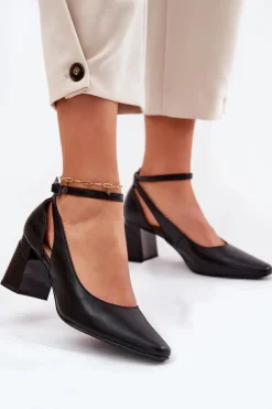 Damskie Maciejka Skórzane Czółenka Na Słupku K6816-01 Czarne