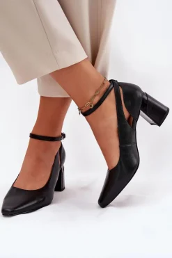 Damskie Maciejka Skórzane Czółenka Na Słupku K6816-01 Czarne