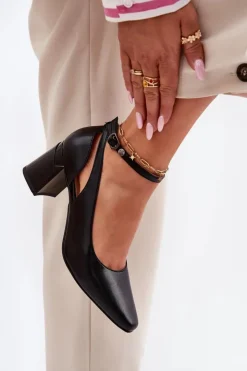 Damskie Maciejka Skórzane Czółenka Na Słupku K6816-01 Czarne