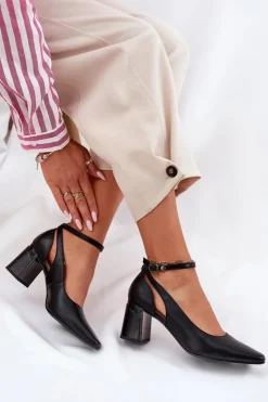 Damskie Maciejka Skórzane Czółenka Na Słupku K6816-01 Czarne