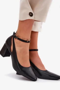 Damskie Maciejka Skórzane Czółenka Na Słupku K6816-01 Czarne