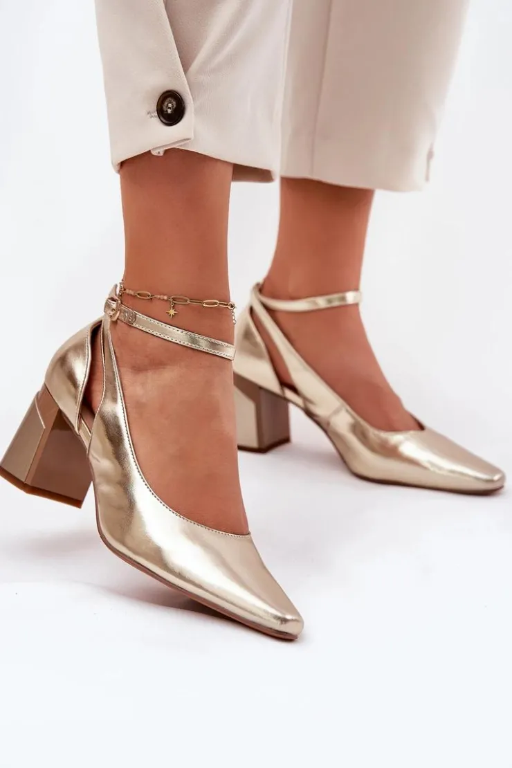 Maciejka Skórzane Czółenka Na Słupku K6816-25 Złote