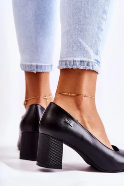 Buty Sergio Leone Czółenka Na Słupku*Skórzane Czółenka Na Słupku Sergio Leone PB178 Czarne