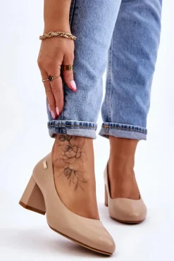 Damskie Buty Sergio Leone Skórzane Czółenka Na Słupku Sergio Leone PB178 Beżowe