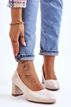 New Buty Sergio Leone Skórzane Czółenka Na Słupku Sergio Leone PB178 Perła Beżowe