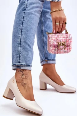 New Buty Sergio Leone Skórzane Czółenka Na Słupku Sergio Leone PB178 Perła Beżowe