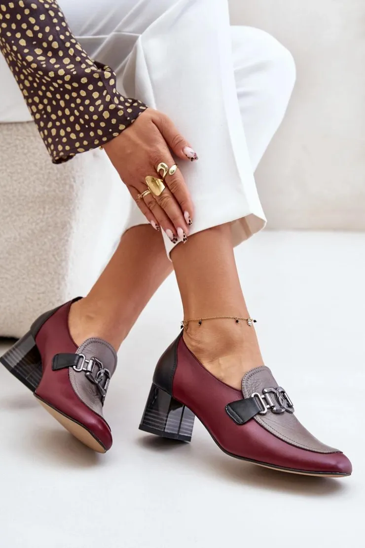 Damskie Laura Messi Skórzane Czółenka Na Słupku Ze Złotą Ozdobą 2861 Bordowe