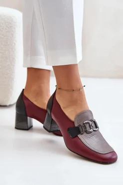 Damskie Laura Messi Skórzane Czółenka Na Słupku Ze Złotą Ozdobą 2861 Bordowe
