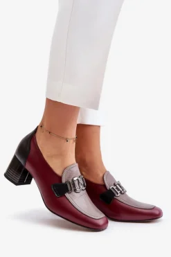 Damskie Laura Messi Skórzane Czółenka Na Słupku Ze Złotą Ozdobą 2861 Bordowe