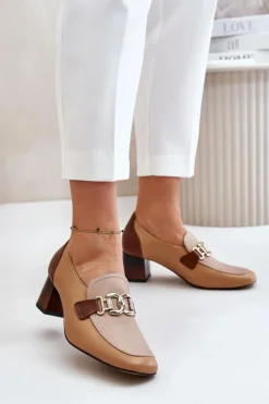 Discount Laura Messi Skórzane Czółenka Na Słupku Ze Złotą Ozdobą 2861 Brązowe