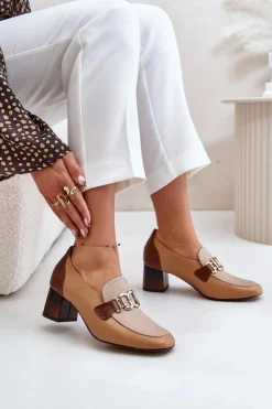 Discount Laura Messi Skórzane Czółenka Na Słupku Ze Złotą Ozdobą 2861 Brązowe