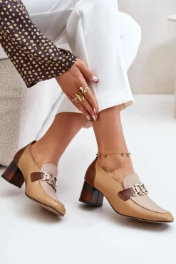 Discount Laura Messi Skórzane Czółenka Na Słupku Ze Złotą Ozdobą 2861 Brązowe