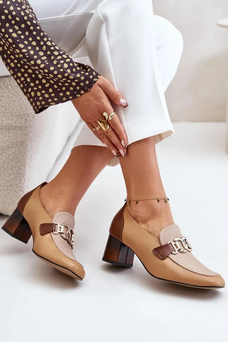 Discount Laura Messi Skórzane Czółenka Na Słupku Ze Złotą Ozdobą 2861 Brązowe