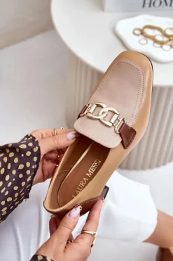 Discount Laura Messi Skórzane Czółenka Na Słupku Ze Złotą Ozdobą 2861 Brązowe