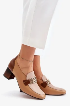 Discount Laura Messi Skórzane Czółenka Na Słupku Ze Złotą Ozdobą 2861 Brązowe