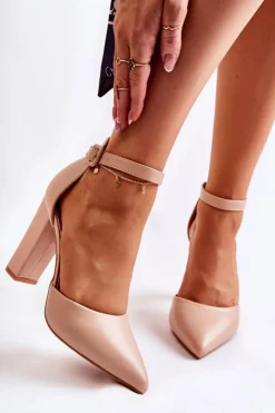 Damskie Boto Skórzane Czółenka Na Wysokim Słupku Beżowe Salira