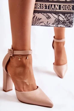 Damskie Boto Skórzane Czółenka Na Wysokim Słupku Beżowe Salira