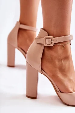 Damskie Boto Skórzane Czółenka Na Wysokim Słupku Beżowe Salira