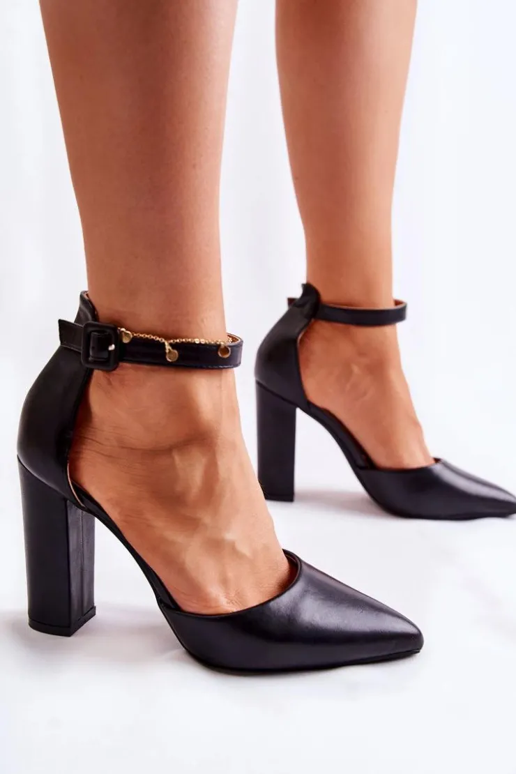 Boto Czółenka Na Słupku|Czółenka Klasyczne*Skórzane Czółenka Na Wysokim Słupku Czarne Salira