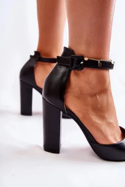 Boto Czółenka Na Słupku|Czółenka Klasyczne*Skórzane Czółenka Na Wysokim Słupku Czarne Salira