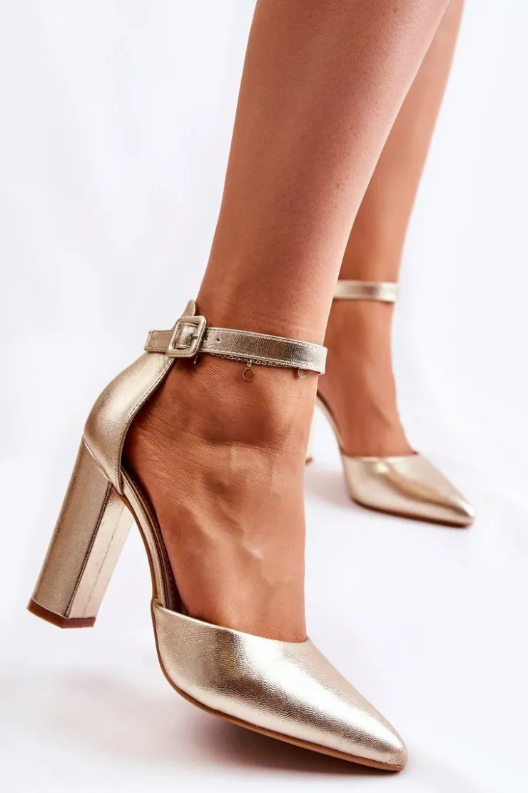 Clearance Boto Skórzane Czółenka Na Wysokim Słupku Złote Salira