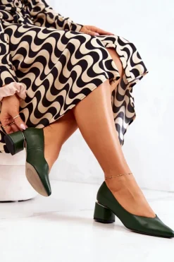 Damskie Boto Skórzane Czółenka Nosek W Szpic Zielone Marilyn