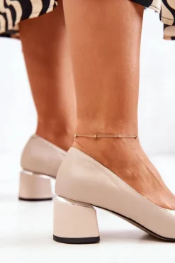 Damskie Boto Skórzane Czółenka Nosek W Szpic Beżowe Marilyn