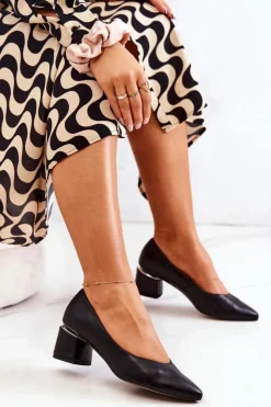 Damskie Boto Skórzane Czółenka Nosek W Szpic Czarne Marilyn