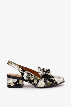 Damskie Maciejka Skórzane Czółenka W Kwiaty Z Kokardą N6539-44 Czarne