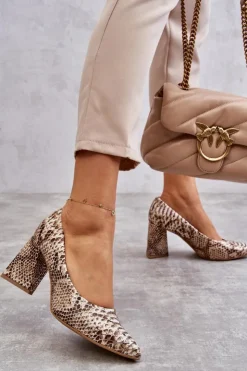 Hot Boto Skórzane Czółenka W Wężowy Wzór Lewski Shoes 3277 Beżowo-Złote