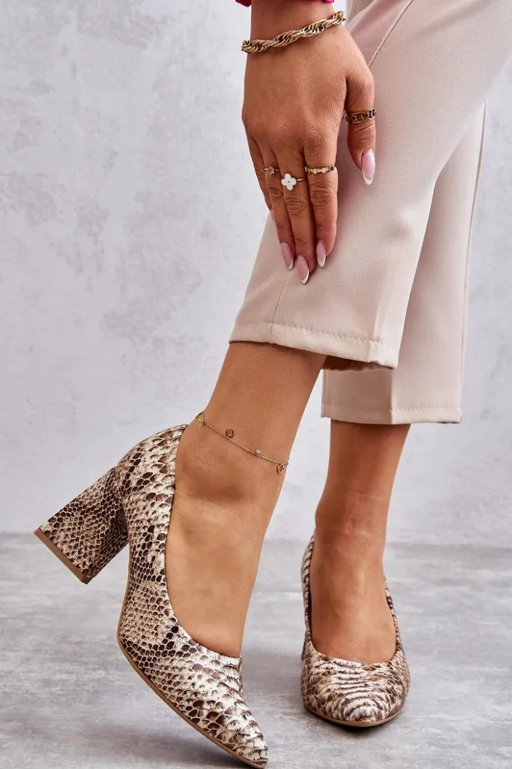 Hot Boto Skórzane Czółenka W Wężowy Wzór Lewski Shoes 3277 Beżowo-Złote