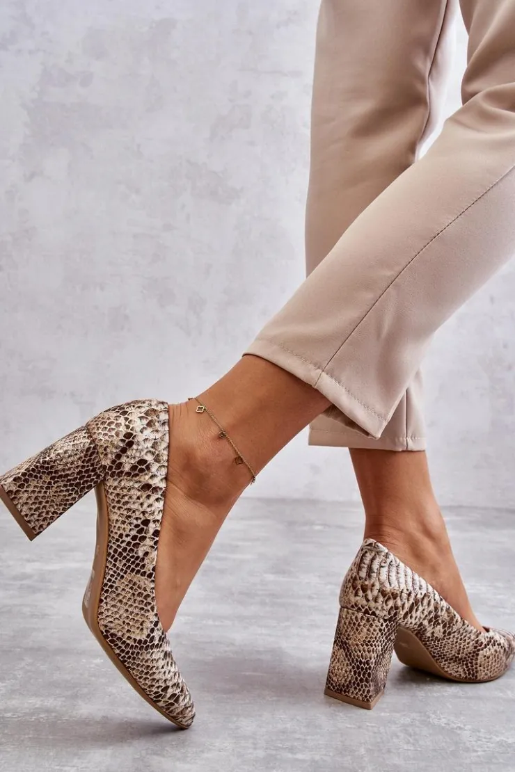 Hot Boto Skórzane Czółenka W Wężowy Wzór Lewski Shoes 3277 Beżowo-Złote