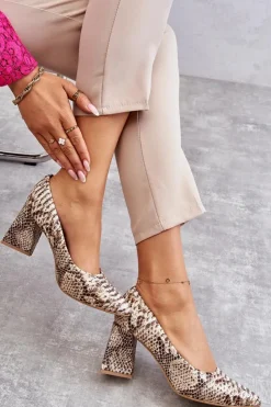 Hot Boto Skórzane Czółenka W Wężowy Wzór Lewski Shoes 3277 Beżowo-Złote