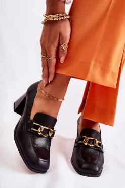 Damskie Laura Messi Skórzane Czółenka Z Łańcuchem 2515 Czarne