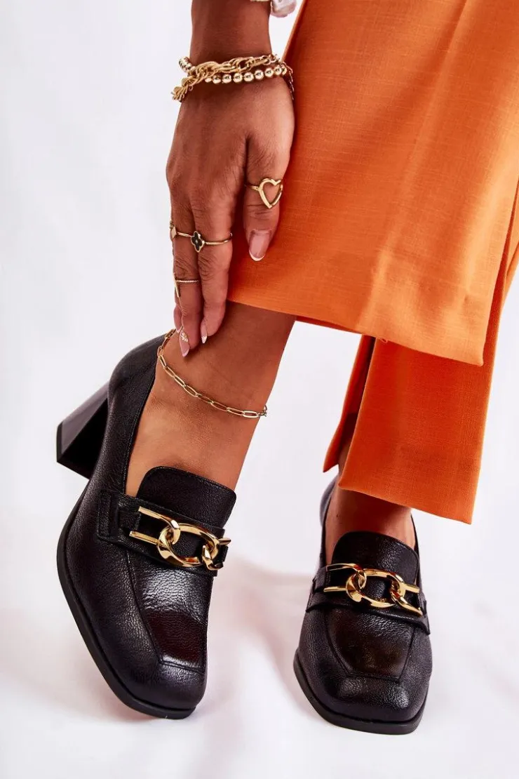 Damskie Laura Messi Skórzane Czółenka Z Łańcuchem 2515 Czarne