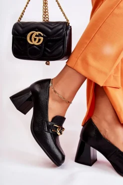 Damskie Laura Messi Skórzane Czółenka Z Łańcuchem 2515 Czarne