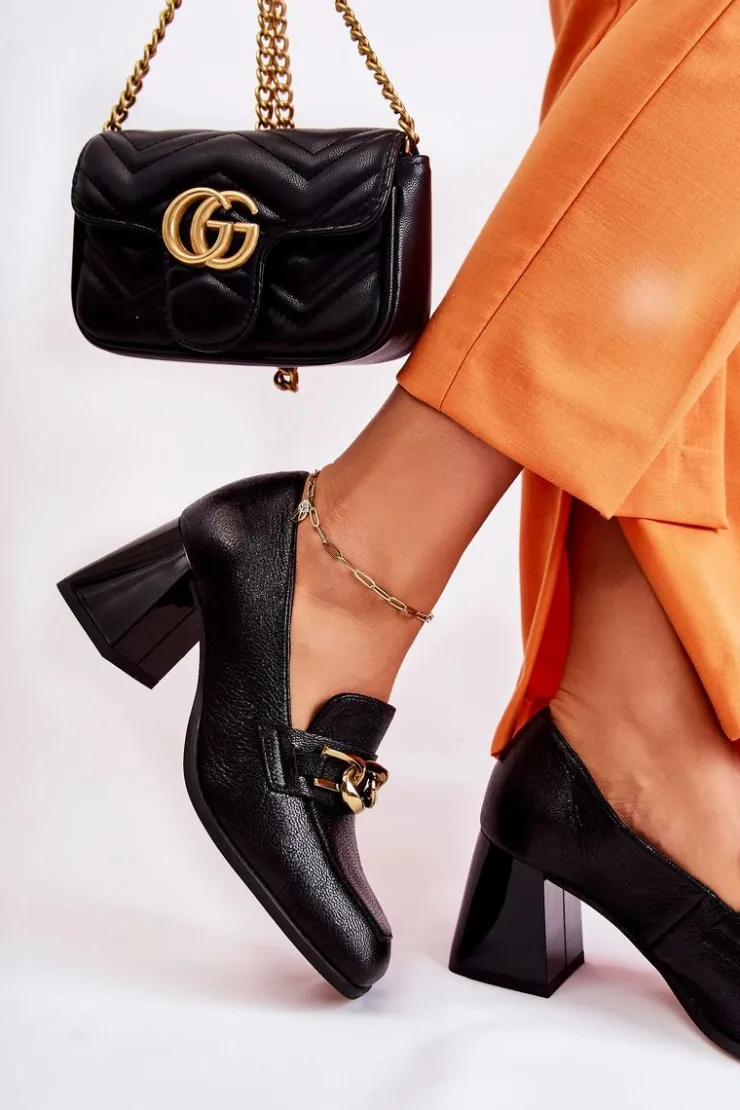 Damskie Laura Messi Skórzane Czółenka Z Łańcuchem 2515 Czarne