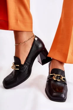 Damskie Laura Messi Skórzane Czółenka Z Łańcuchem 2515 Czarne