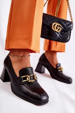 Damskie Laura Messi Skórzane Czółenka Z Łańcuchem 2515 Czarne