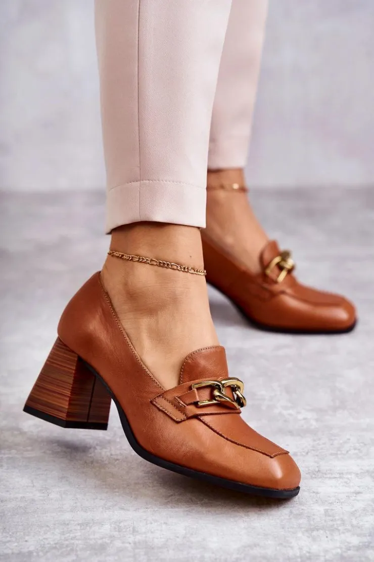 Damskie Laura Messi Skórzane Czółenka Z Łańcuchem 2514 Camel