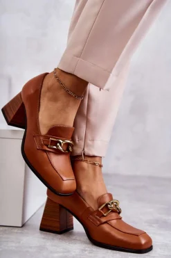 Damskie Laura Messi Skórzane Czółenka Z Łańcuchem 2514 Camel