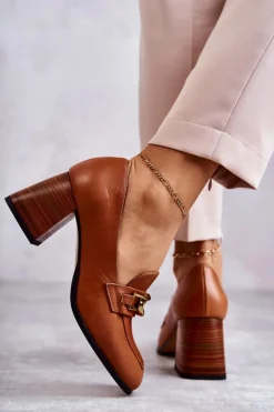 Damskie Laura Messi Skórzane Czółenka Z Łańcuchem 2514 Camel