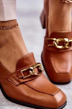 Damskie Laura Messi Skórzane Czółenka Z Łańcuchem 2514 Camel