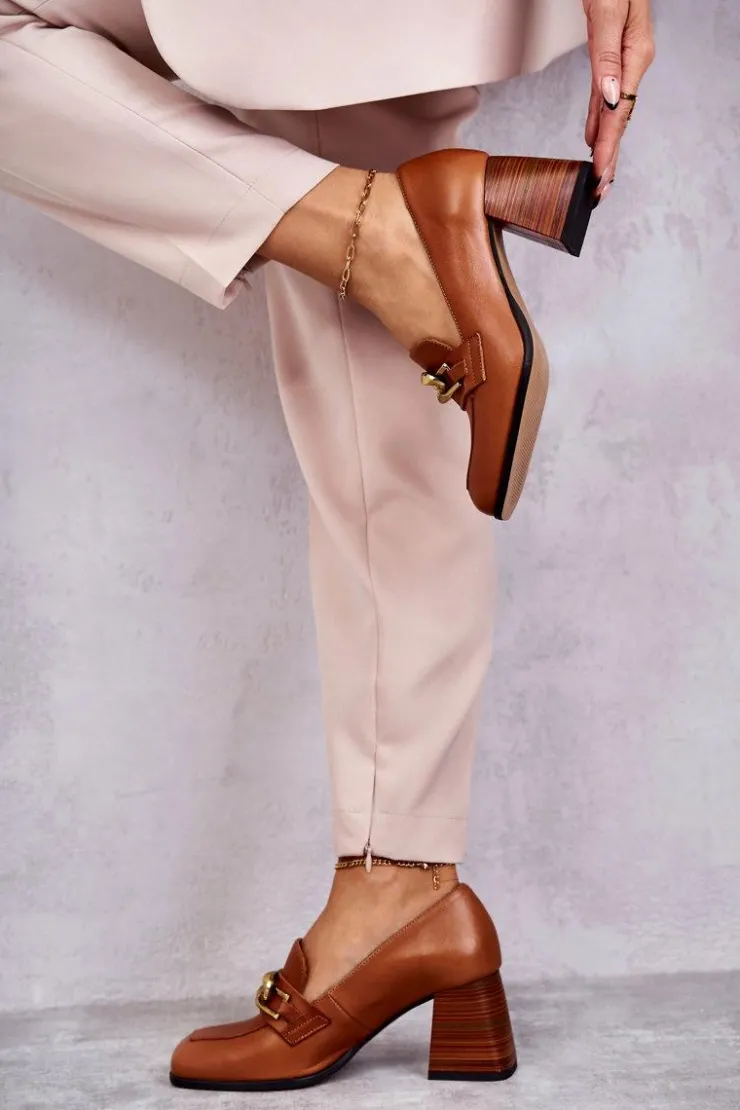 Damskie Laura Messi Skórzane Czółenka Z Łańcuchem 2514 Camel