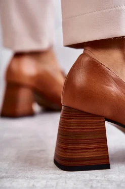 Damskie Laura Messi Skórzane Czółenka Z Łańcuchem 2514 Camel