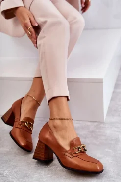 Damskie Laura Messi Skórzane Czółenka Z Łańcuchem 2514 Camel