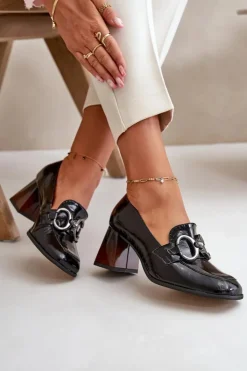 Laura Messi Czółenka Klasyczne*Skórzane Czółenka Z Ozdobą Czarne 2845