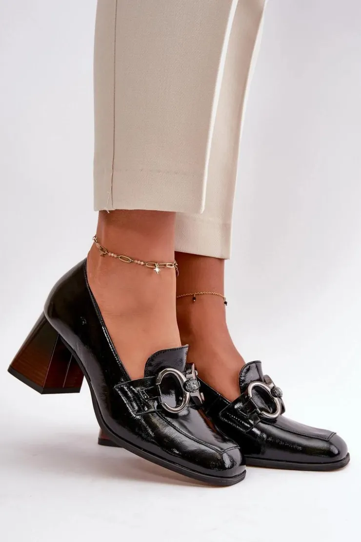 Laura Messi Czółenka Klasyczne*Skórzane Czółenka Z Ozdobą Czarne 2845