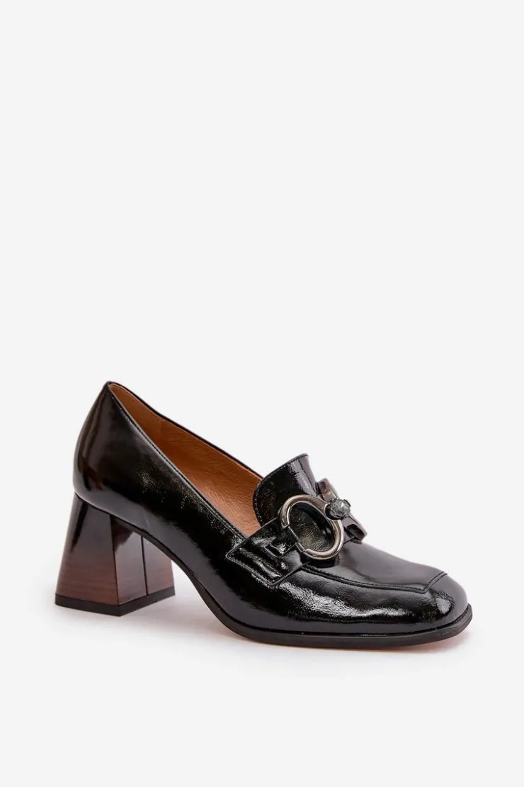 Laura Messi Czółenka Klasyczne*Skórzane Czółenka Z Ozdobą Czarne 2845