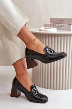 Laura Messi Czółenka Klasyczne*Skórzane Czółenka Z Ozdobą Czarne 2845